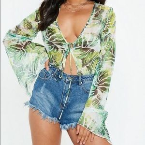 Green Flare Sleeve Palm Print Bodysuit